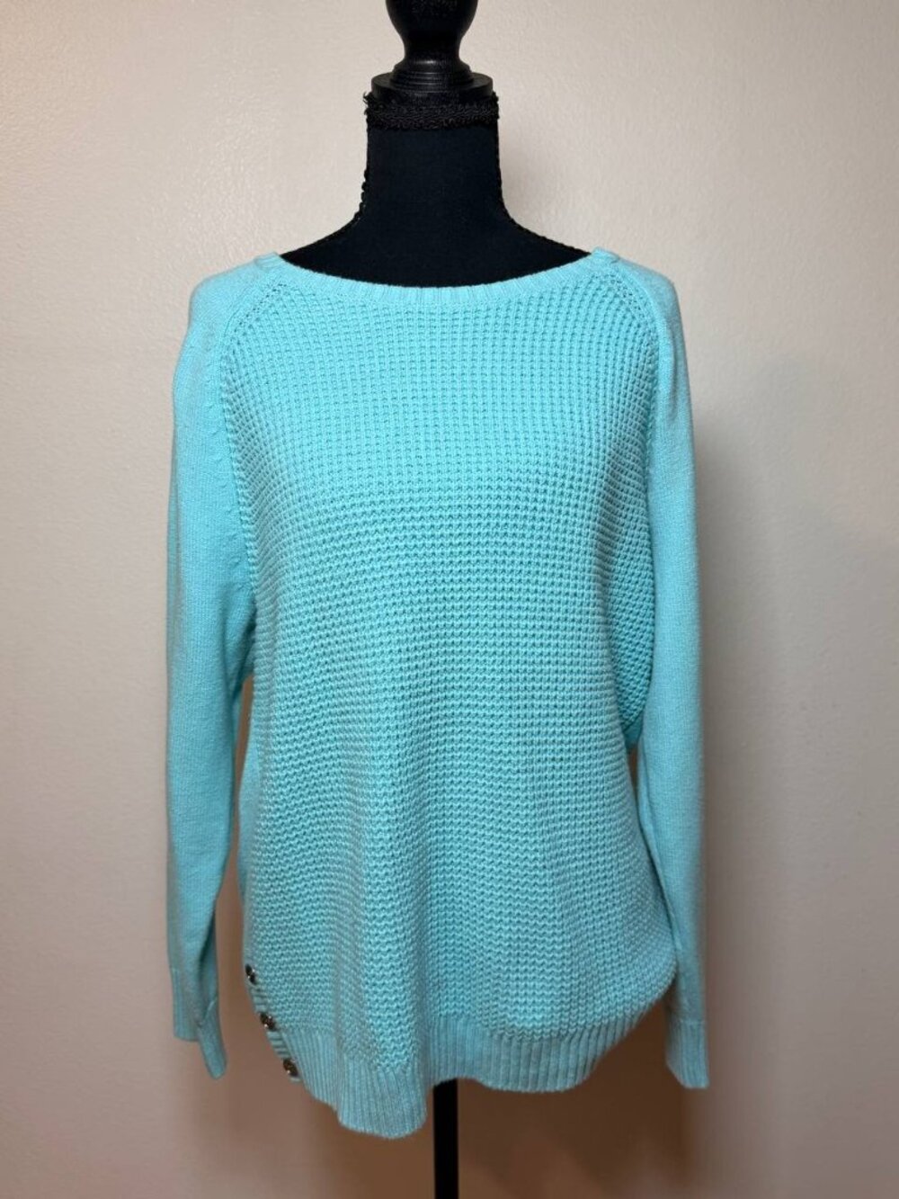 Karen Scott Coastal Mint Waffle Knit Sweater Boat Neck Preppy Fall XL